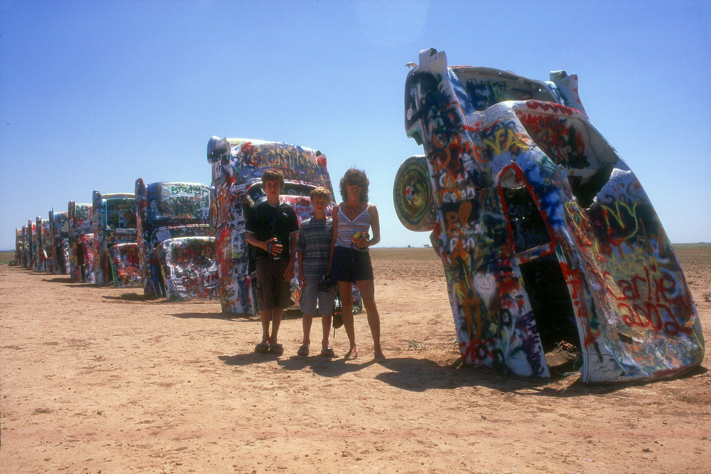 Lolo and the boys at Cadillac Ranch