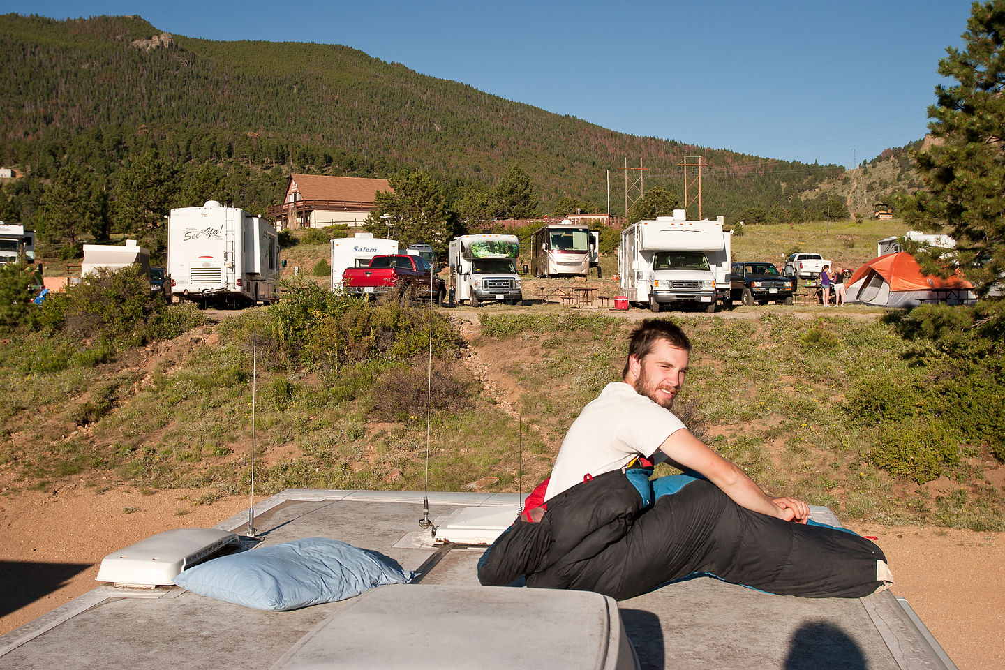 John waking up on roof of RV