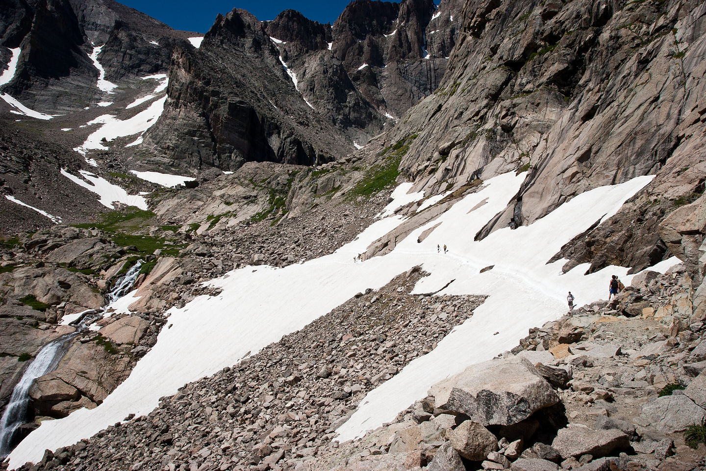 Snowfield traverse on Chasm Lake Hike