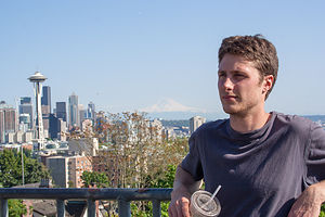 Tom with Mount Rainier and Space Needle
