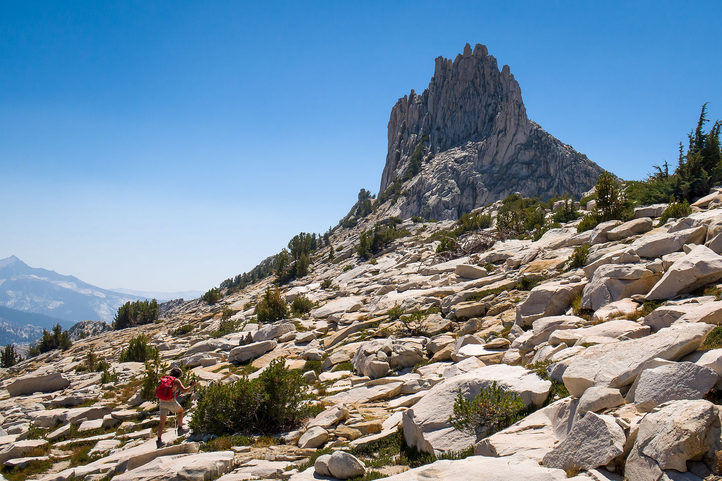 Lolo crossing the talus field to Unicorn Peak