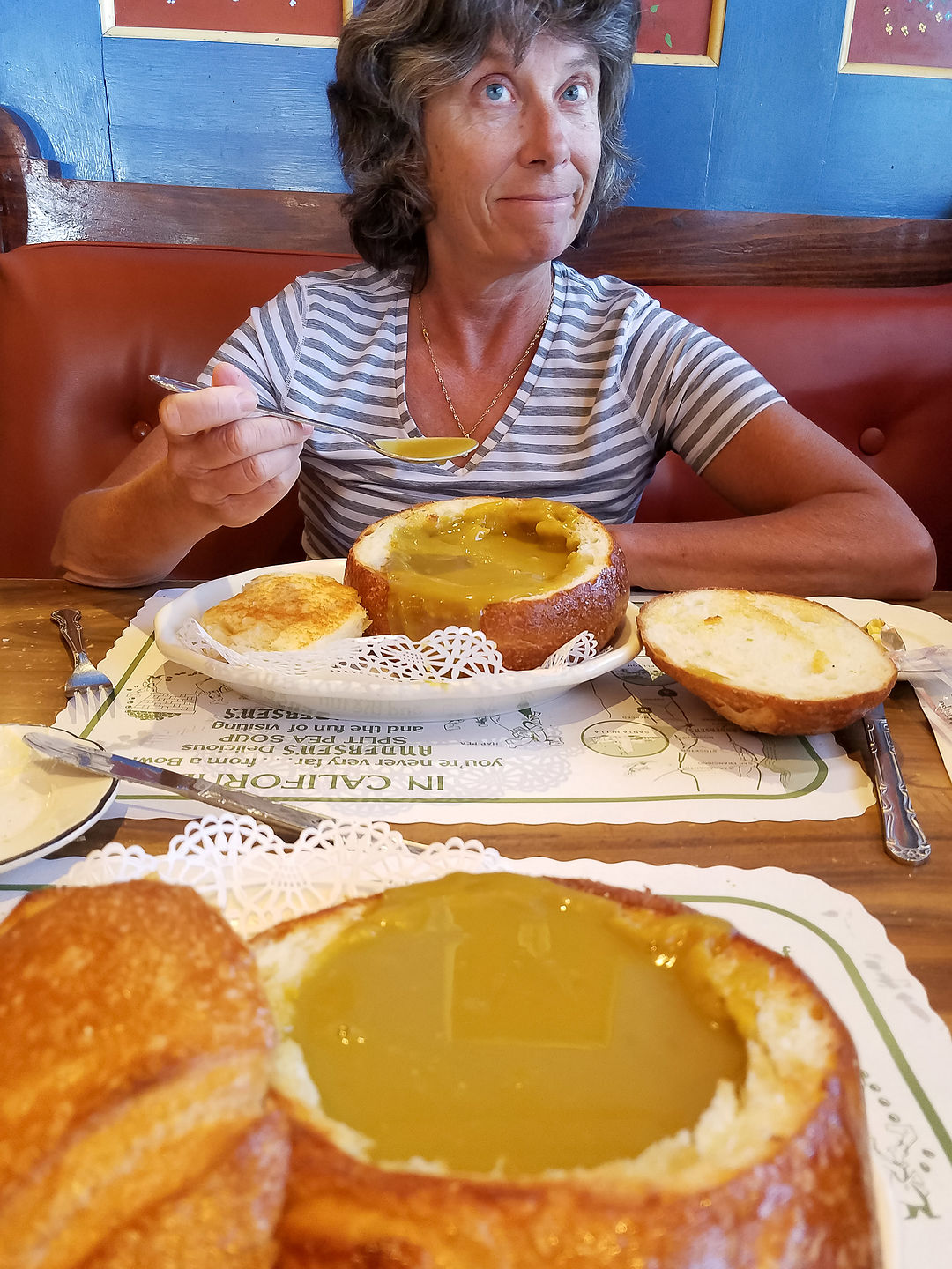 Lolo enjoying her split pea soup at Andersen's