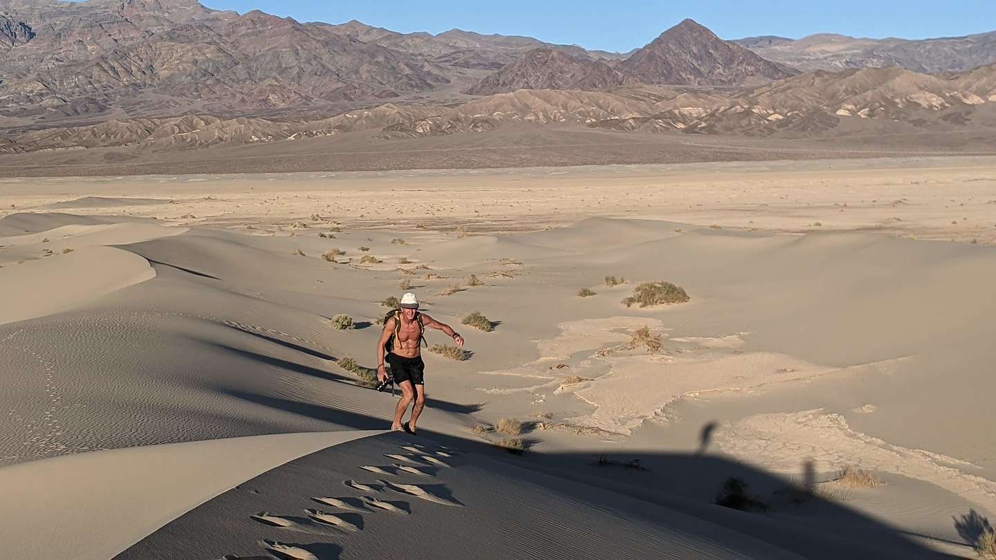 Hiking up the backside of the Mesquite Flat Sand Dunes