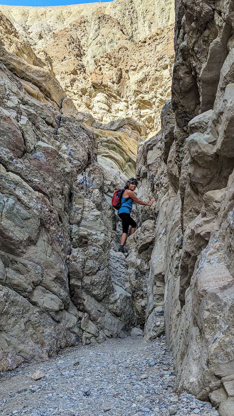 Lolo scrambling up Gower Gulch