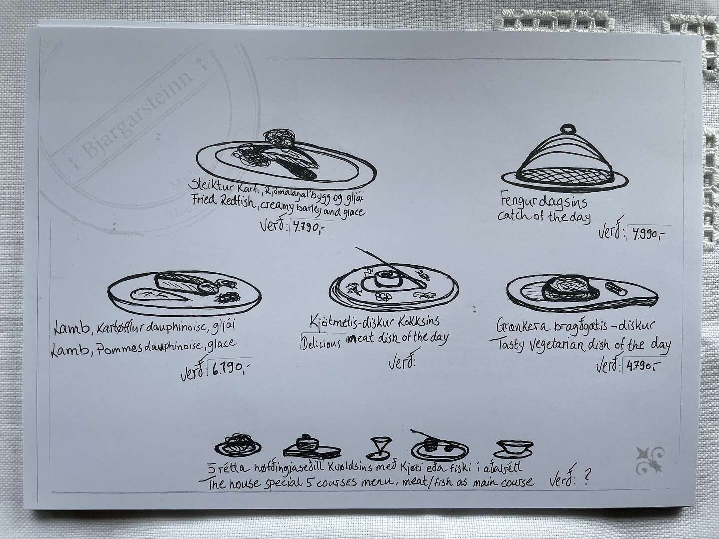 Bjargarsteinn hand-drawn menu